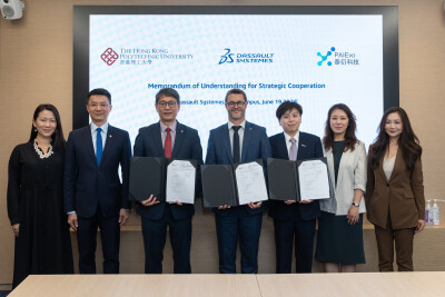 Prof. Christopher Chao, Senior Vice President (Research and Innovation) of PolyU (3rd from left); Mr Nicolas Jeannée, Vice President 3DEXPERIENCE Edu of Dassault Systèmes (centre); Dr Kevin Tsai, Vice President of XtalPi and CEO of PAIEvo (3rd from right); Prof. Zijian Zheng, Vice President (Knowledge Transfer) of PolyU (2nd from left); Ms Joanne Li, 3DEXPERIENCE Edu Sales Director of China, Dassault Systèmes (2nd from right); Ms Ruyu Wang, Senior Director of External Affairs and Communications of XtalPi (1st from right); and Ms Amylia Chan, Interim Director of Knowledge Transfer and Entrepreneurship, PolyU (1st from left) posed for a group photo at the MoU signing ceremony.