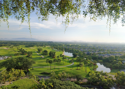An elevated view across Forest City Golf Resort in Johor, Malaysia — home to two 18-hole championship courses whose Classic Course has ranked among the Top 100 Golf Courses in Asia for seven consecutive years.