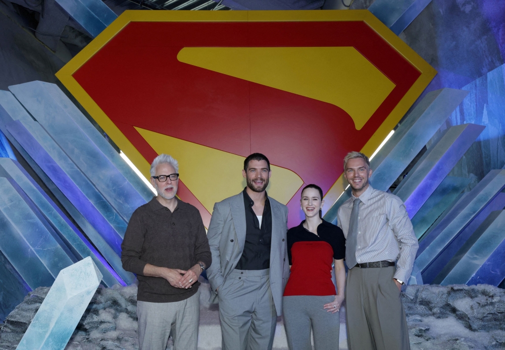 Director James Gunn and cast members David Corenswet, Rachel Brosnahan, and Nicholas Hoult pose at a photo call for the film Superman in Culver City, California June 28, 2025. — Reuters pic