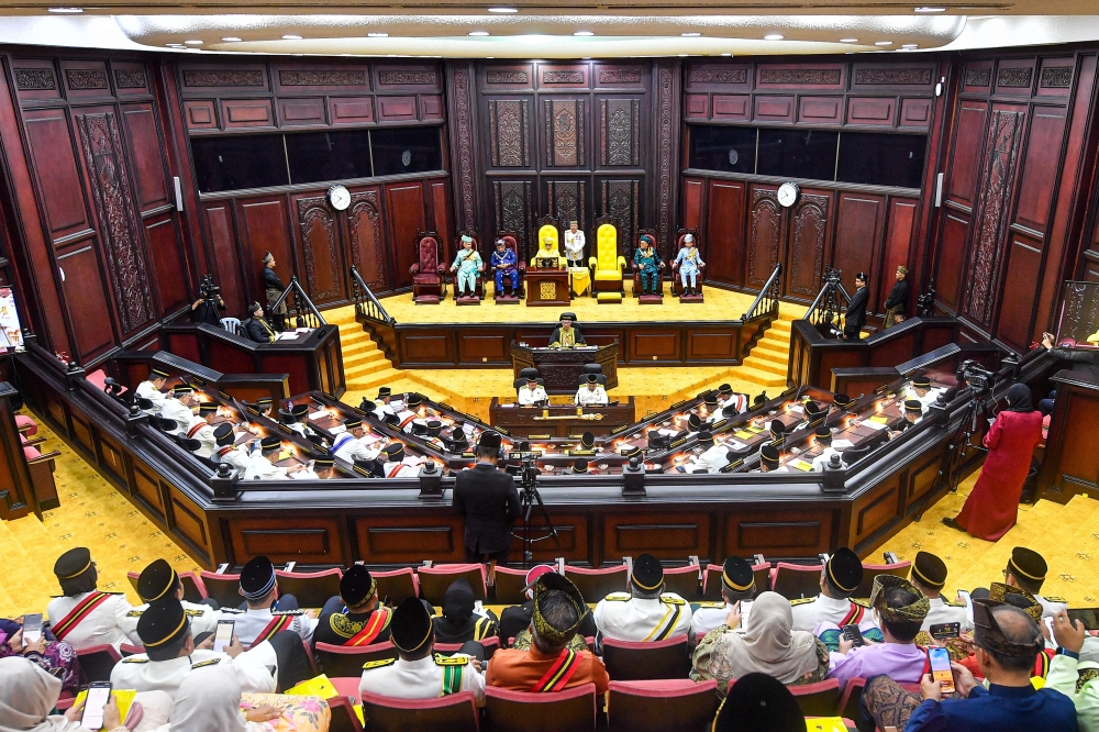 Yang Dipertuan Besar of Negeri Sembilan Tuanku Muhriz Tuanku Munawir delivers his royal address during the opening of the third session of the 15th Negeri Sembilan State Legislative Assembly in Seremban on April 24, 2025. — Bernama pic