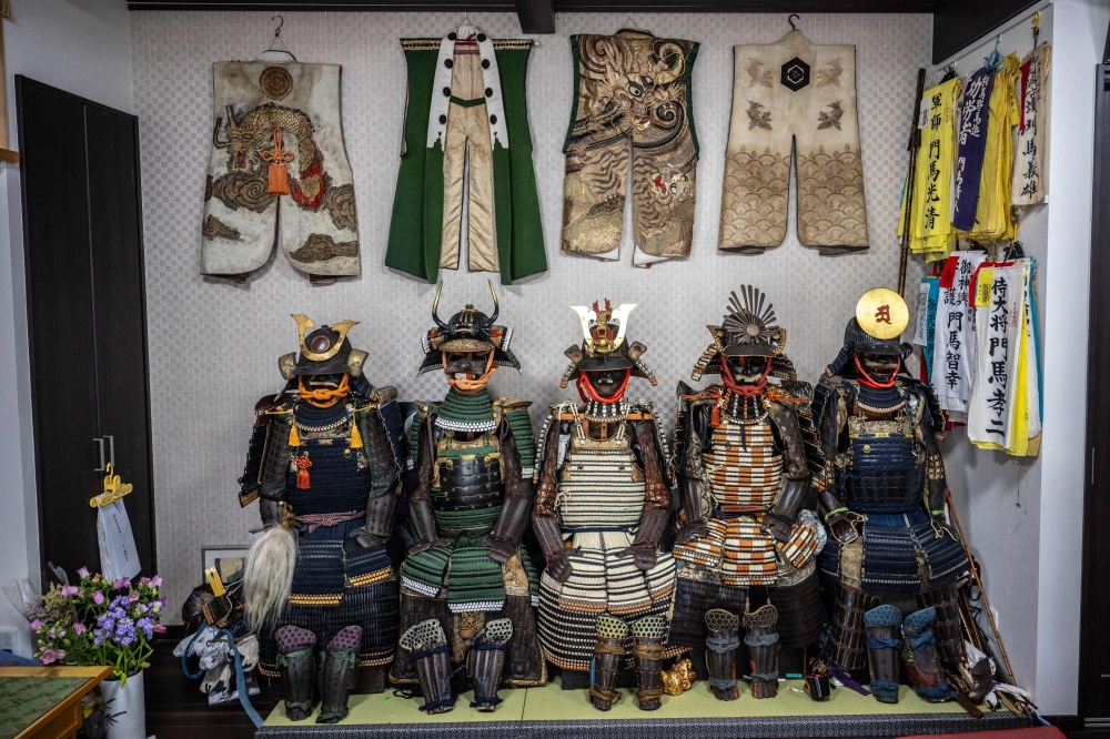 This picture taken on April 22, 2026 shows samurai armours displayed in Mitsukiyo Monma's house in Minami-Soma city of Fukushima Prefecture. — AFP pic