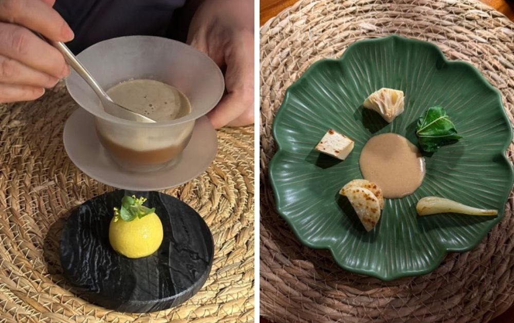The mushroom consomme with ‘kodop’ mushroom foam (left) and the pickles course with its wonderful selection (right). — Pictures by Jonathan Ooi