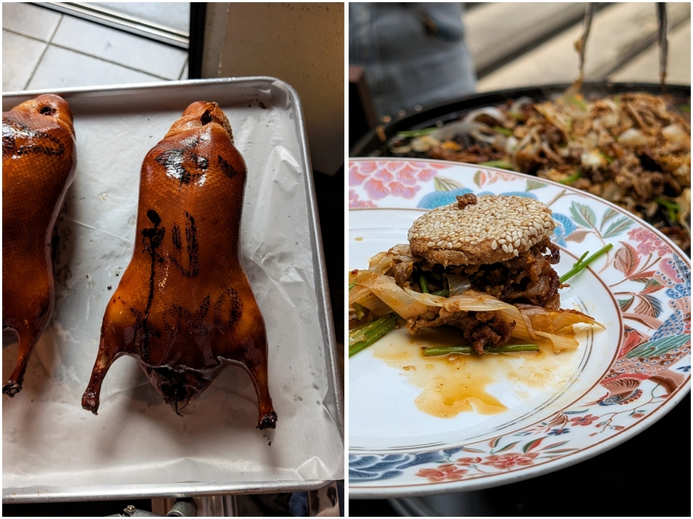 Historically, ducks were marked with sugar syrup in case of a swap during roasting. Today, Mansion Cuisine by Jingyan encourages guests to write messages on their ducks before roasting (left). Traditional Peking-style grilled lamb, served with a sesame biscuit (right). — Picture by Ethan Lau