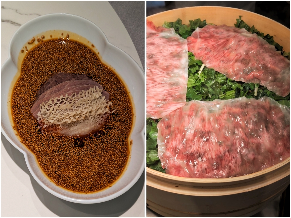 The husband-and-wife-offal pieces are tingly, spicy and texturally stimulating (left). Steamed Wagyu beef from Shandong with celtuce and Chinese celery, a remarkably refreshing summer Sichuan dish (right). — Picture by Ethan Lau