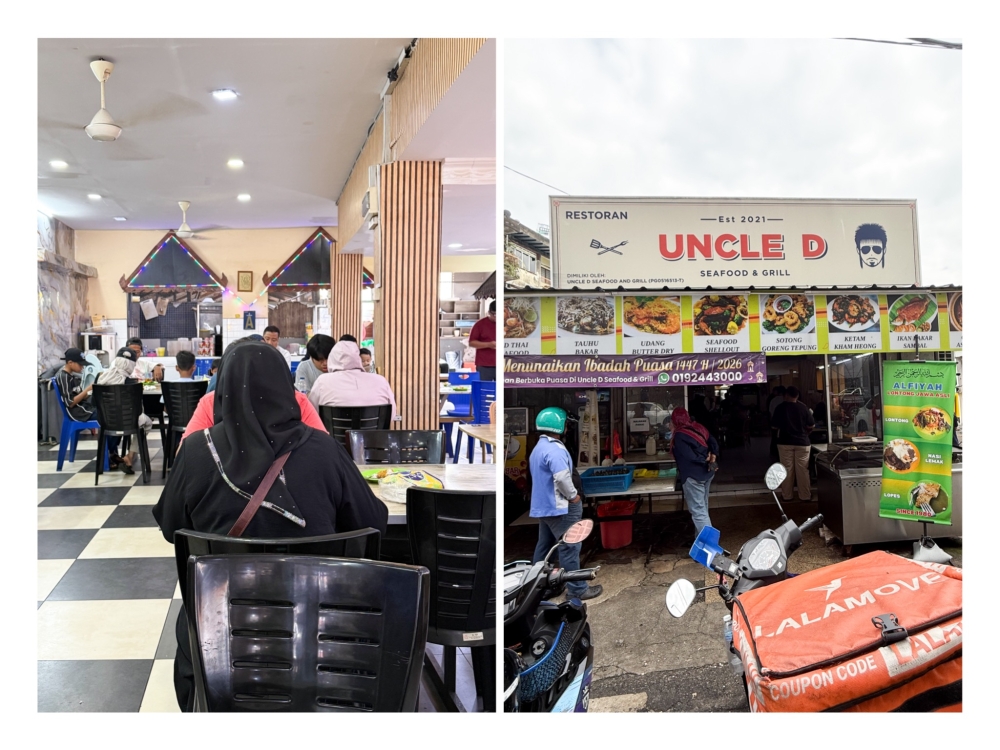 Comfortable air-conditioned surroundings make your breakfast a pleasant one (left). The stall takes over the daytime session at this grilled seafood restaurant (right). — Pictures by Lee Khang Yi