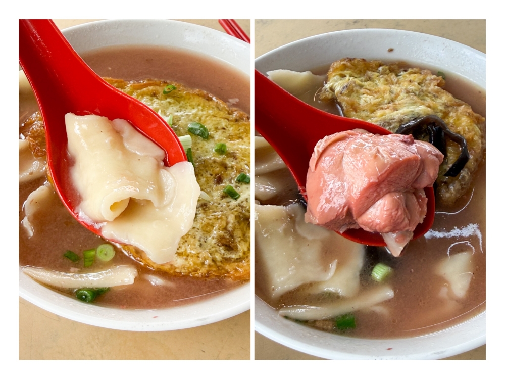Three types of noodles from thin, thick to hand-torn pieces of dough can be ordered (left). Chicken is cooked with the broth leaving juicy, smooth meat (right). — Pictures by Lee Khang Yi