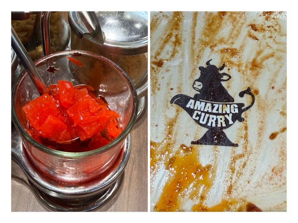 Fukujinzuke (left) is the classic daikon pickle pairing with curry. Once your plate is clean of almost all the curry, discover the words, ‘amazing curry’ (right). — Pictures by Lee Khang Yi
