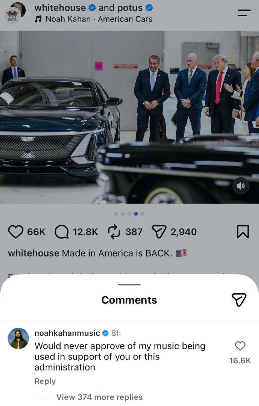 US singer Noah Kahan made the top comment to a White House Instagram post featuring the US President Donald Trump on July 28, 2026. — Picture from Instagram/whitehouse