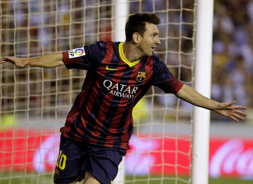 Barcelona's Lionel Messi celebrates scoring against Valencia during their Spanish first division soccer match at the Mestalla Stadium in Valencia September 1, 2013. u00e2u20acu201d Reuters pic