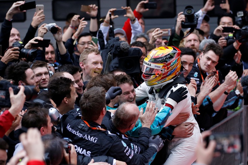 Mercedes driver Lewis Hamilton of Britain celebrates after winning the Chinese Grand Prix at the Shanghai International Circuit in Shanghai, April 9, 2017. u00e2u20acu201d Reuters pic 