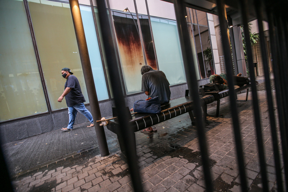 The homeless can still be seen everywhere around the Kuala Lumpur city centre March 21, 2020, on the fourth day of the movement control order enforced to control the spread of Covid-19. — Picture by Hari Anggara