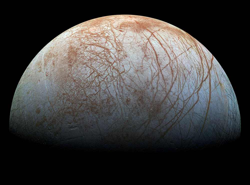 A view of Jupiter's moon Europa created from images taken by Nasa's Galileo spacecraft in the late 1990s, obtained May 14, 2018. u00e2u20acu201d Nasa/JPL-Caltech/Seti Institute handout via Reuters