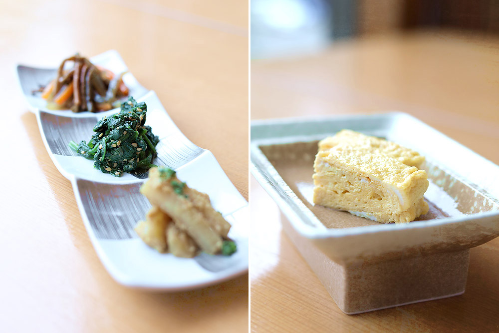 'Kobachi', vegetable side dishes (left), and 'tamagoyaki', rolled Japanese omelette (right).