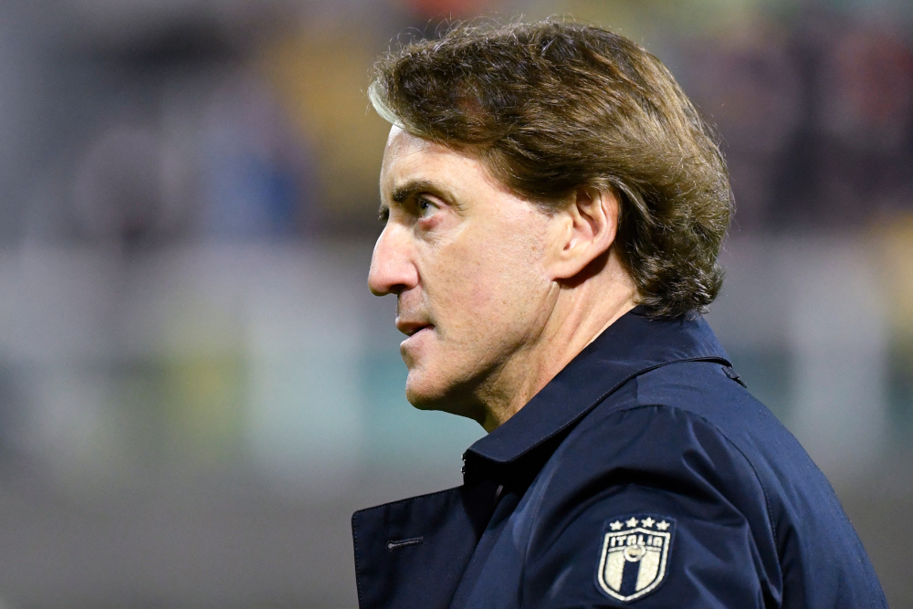 Italyu00e2u20acu2122s coach Roberto Mancini looks on prior to the 2022 World Cup qualifying play-off football match between Italy and North Macedonia, March 24, 2022 at the Renzo-Barbera stadium in Palermo. u00e2u20acu201d AFP Picnn
