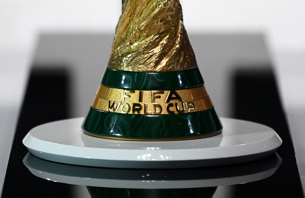 A detail of the World Cup Trophy during the Fifa Congress in the Qatari capital Doha, March 31, 2022. u00e2u20acu201d Fifa handout pic via AFP 