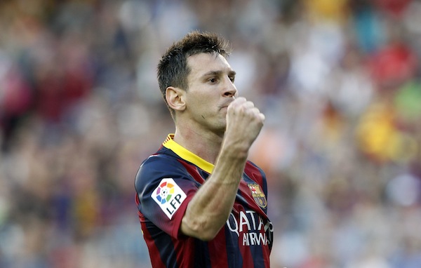 Barcelonau00e2u20acu2122s Lionel Messi celebrates a goal against Levante during their match in Barcelona, August 18, 2013. u00e2u20acu201d Reuters pic